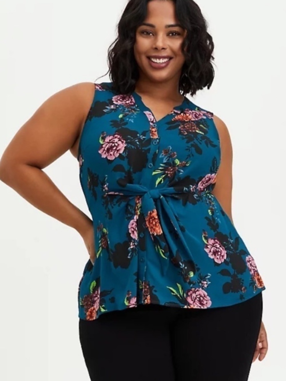 Torrid Teal Floral Tie-Front Sleeveless Top